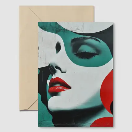 Pop Art Woman Face Red Lips Teal