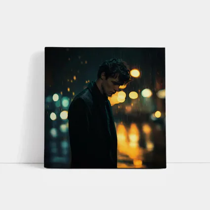 Young Man Standing Alone in Night Rain