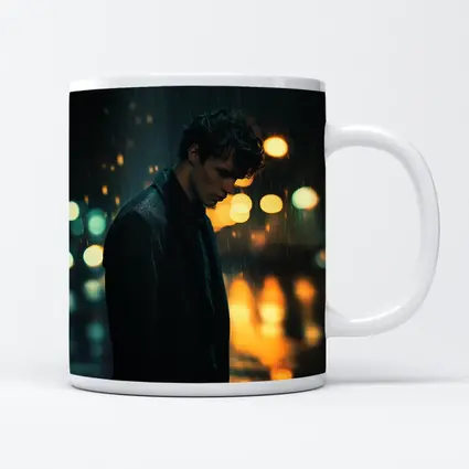 Young Man Standing Alone in Night Rain