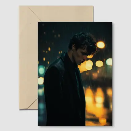 Young Man Standing Alone in Night Rain