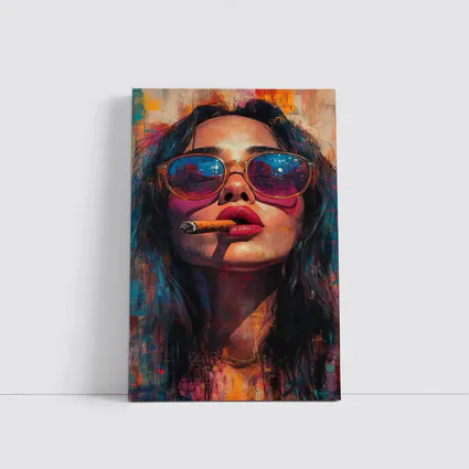Woman With Cigar Sunglasses Colorful Oil Painting