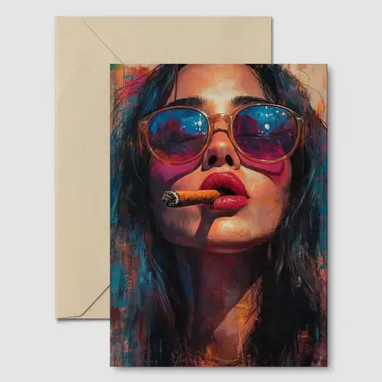 Woman With Cigar Sunglasses Colorful Oil Painting