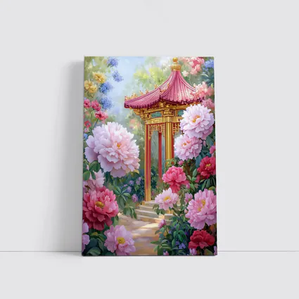 Chinese Pagoda Garden Pink Peonies Painting