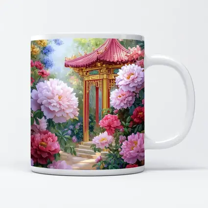 Chinese Pagoda Garden Pink Peonies Painting