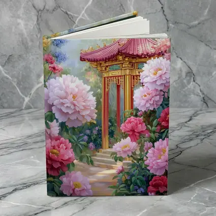 Chinese Pagoda Garden Pink Peonies Painting