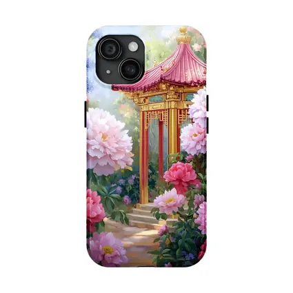 Chinese Pagoda Garden Pink Peonies Painting