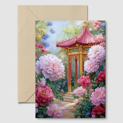 Chinese Pagoda Garden Pink Peonies Painting