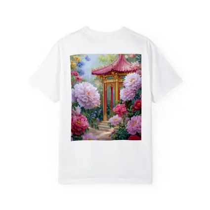 Chinese Pagoda Garden Pink Peonies Painting