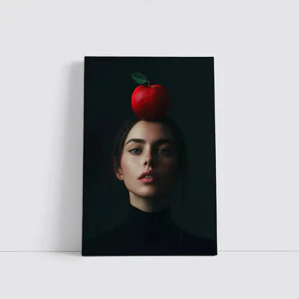 Woman Portrait Red Apple Dark Background
