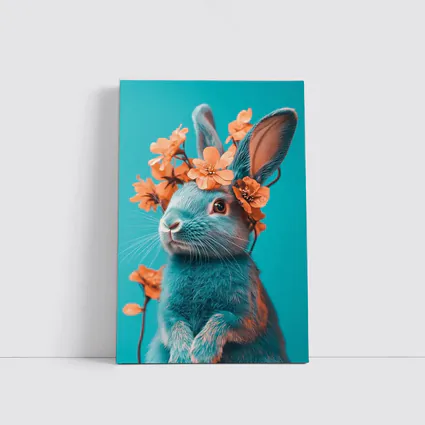 Teal Rabbit With Orange Flowers Teal Background