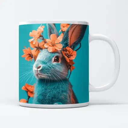 Teal Rabbit With Orange Flowers Teal Background