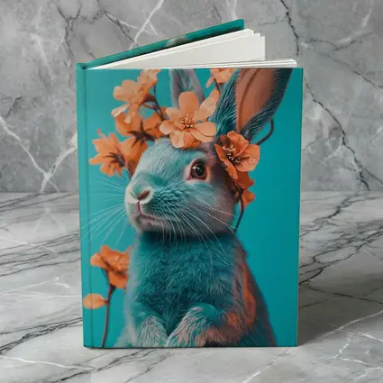 Teal Rabbit With Orange Flowers Teal Background
