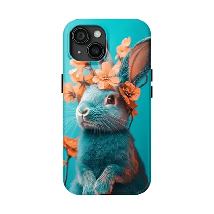 Teal Rabbit With Orange Flowers Teal Background