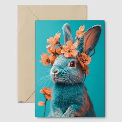 Teal Rabbit With Orange Flowers Teal Background