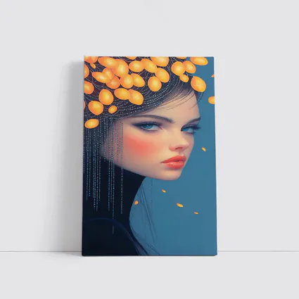 Digital Portrait Woman Orange Fruits Blue Background