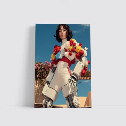 Robotic Woman With Floral Arrangement Blue Sky