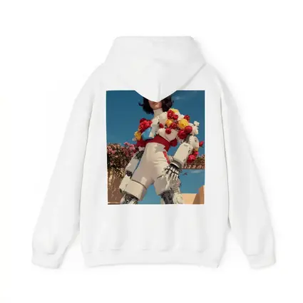 Robotic Woman With Floral Arrangement Blue Sky