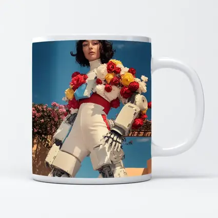 Robotic Woman With Floral Arrangement Blue Sky