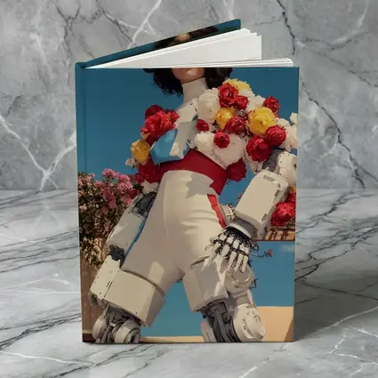 Robotic Woman With Floral Arrangement Blue Sky