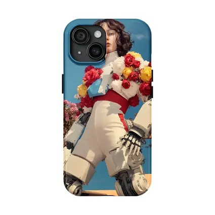 Robotic Woman With Floral Arrangement Blue Sky