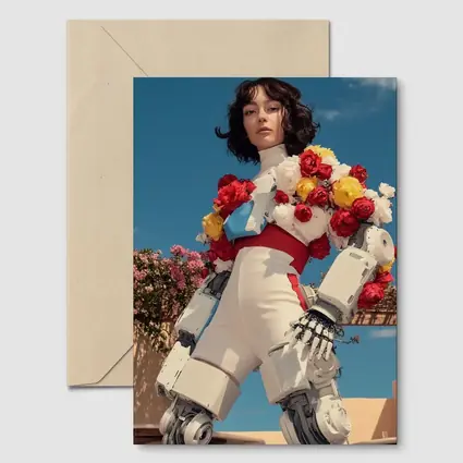 Robotic Woman With Floral Arrangement Blue Sky