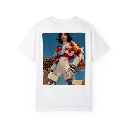 Robotic Woman With Floral Arrangement Blue Sky