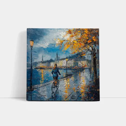 Woman Cycling Rainy City Waterfront Oil Painting