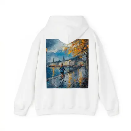 Woman Cycling Rainy City Waterfront Oil Painting