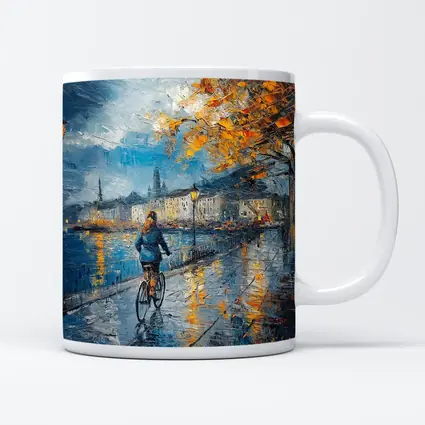 Woman Cycling Rainy City Waterfront Oil Painting