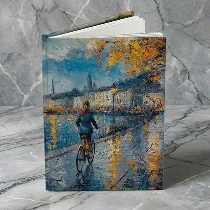 Woman Cycling Rainy City Waterfront Oil Painting