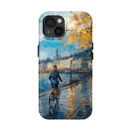 Woman Cycling Rainy City Waterfront Oil Painting