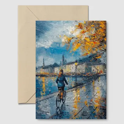 Woman Cycling Rainy City Waterfront Oil Painting