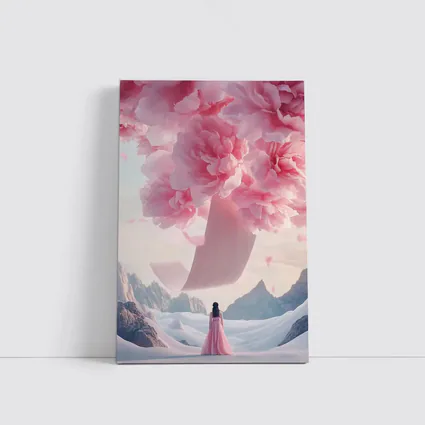 Woman in Pink Dress Giant Peonies Mountains