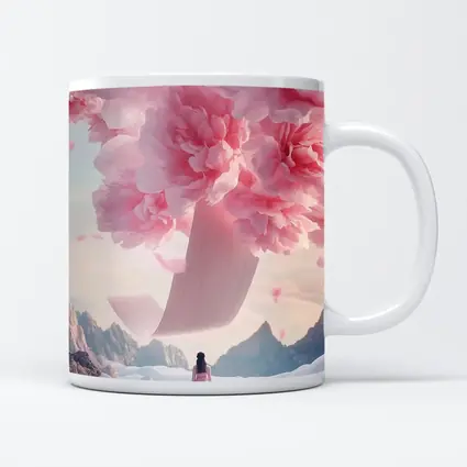 Woman in Pink Dress Giant Peonies Mountains