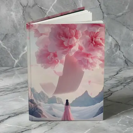 Woman in Pink Dress Giant Peonies Mountains
