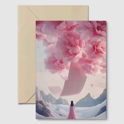 Woman in Pink Dress Giant Peonies Mountains