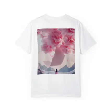 Woman in Pink Dress Giant Peonies Mountains