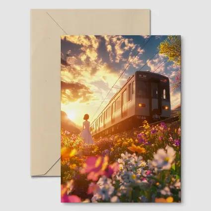 Anime Girl Train Sunset Wildflower Field