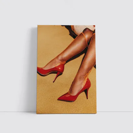 Red Heels Orange Fishnet Stockings Yellow Floor