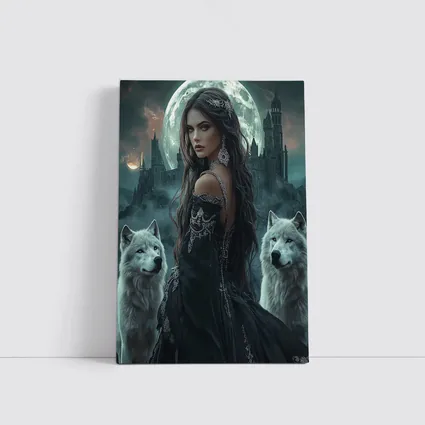 Dark Fantasy Woman White Wolves Full Moon