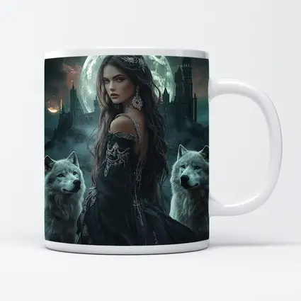 Dark Fantasy Woman White Wolves Full Moon