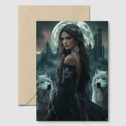 Dark Fantasy Woman White Wolves Full Moon