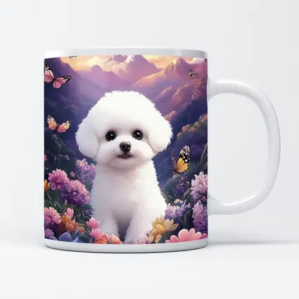 Bichon Frise Puppy Flowers Butterflies Purple Mountains