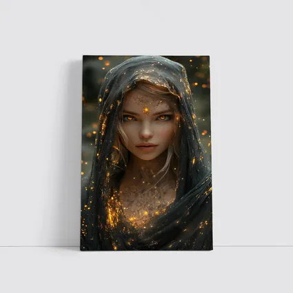 Fantasy Woman Golden Glowing Eyes Dark Veil