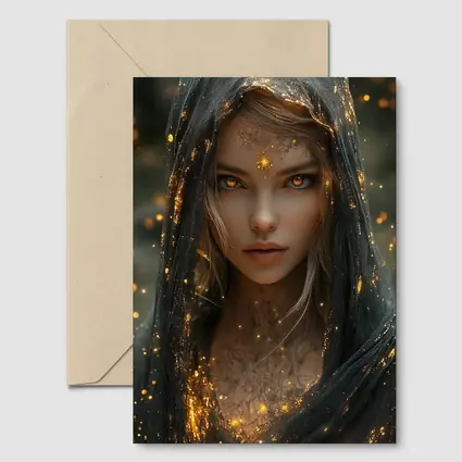 Fantasy Woman Golden Glowing Eyes Dark Veil