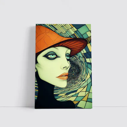 Art Deco Woman Orange Hat Swirl Background