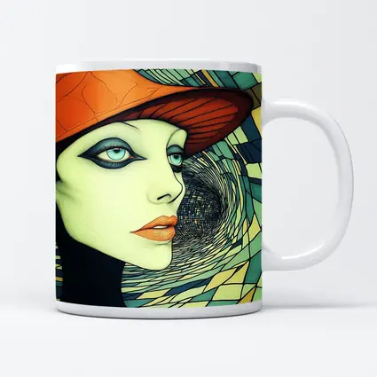 Art Deco Woman Orange Hat Swirl Background