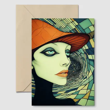 Art Deco Woman Orange Hat Swirl Background