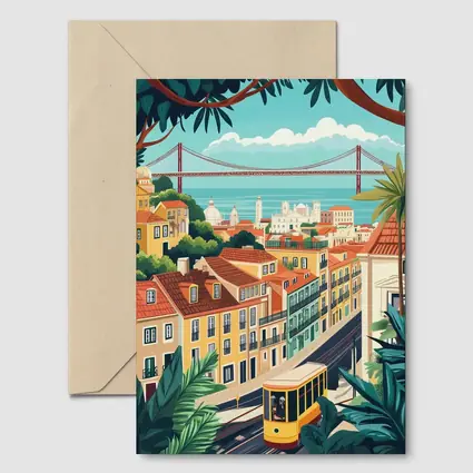 Lisbon City Tram Illustration Travel Art
