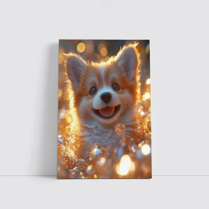 Happy Corgi Puppy Golden Bokeh Lights